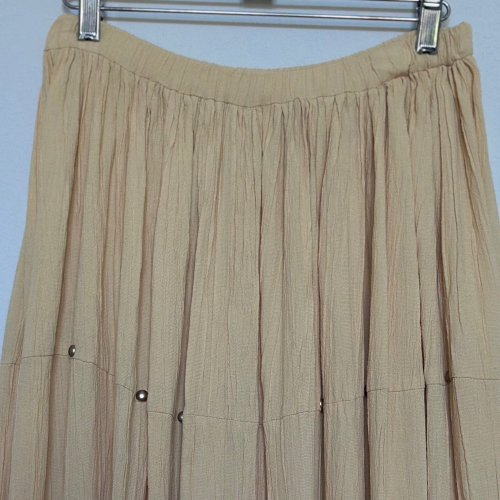 Stonebridge Tan Crinkle Tiered Maxi Skirt Silver Studded Boho Western Small - Picture 2 of 7
